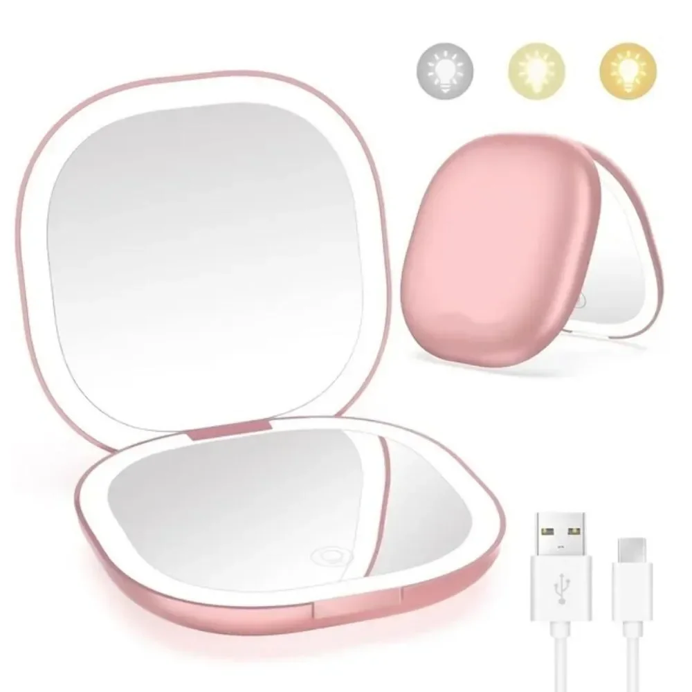 Compact Pink Portable Lighted LED Makeup Mirror 1X/10X Magnification NEW